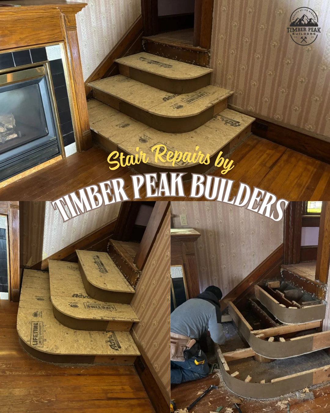 Progress of staircase repair showing steps being replaced with new wood steps, carpenter working on the staircase. 