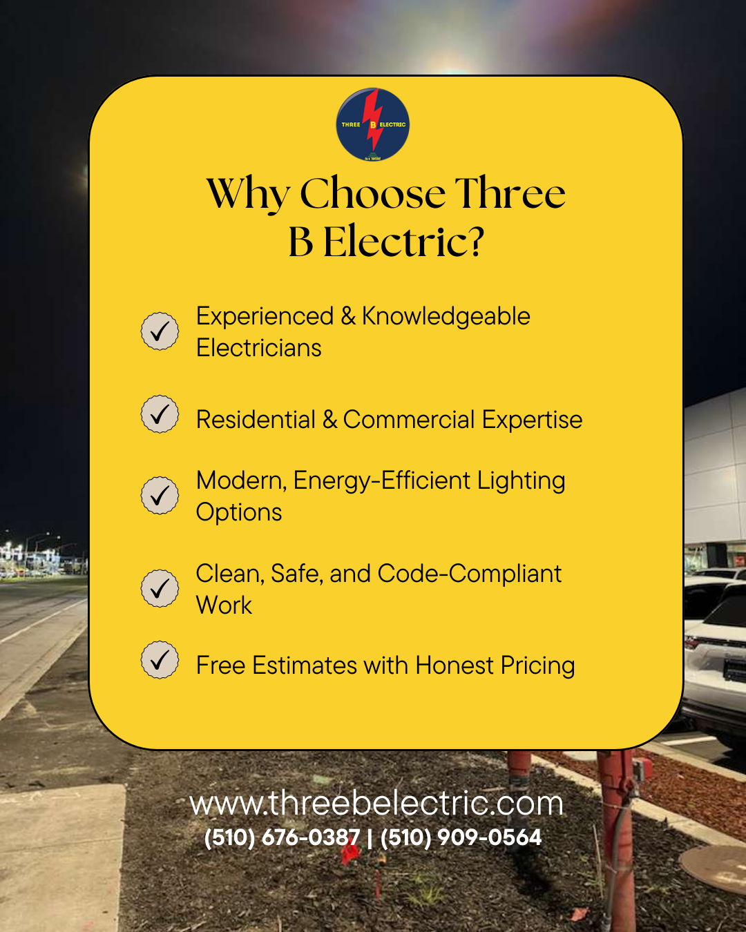Advertisement for Three B Electric, a local electrician service, listed reasons to choose them including experienced electricians, residential and commercial expertise, energy-efficient lighting, safe work, and free estimates; with website and contac