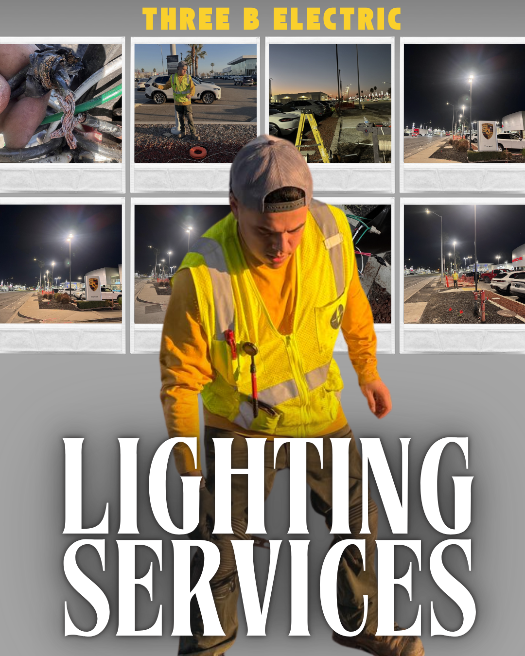 Collage of three workers repairing electrical infrastructure at night, including close-up of a damaged wire, a worker working outdoors, and the scene of streetlights and parking lot with vehicles. The text reads "THREE B ELECTRIC" and "LIGHTING SERVI