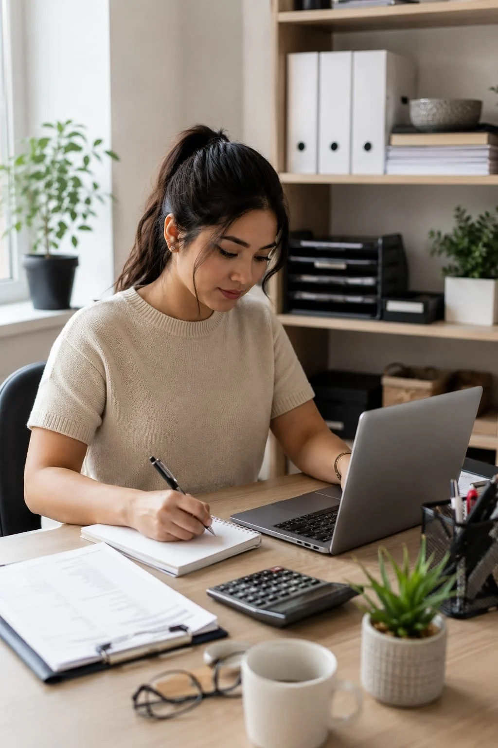 Woman working at a desk with a laptop, notebook, calculator, and office supplies in a modern office setting.