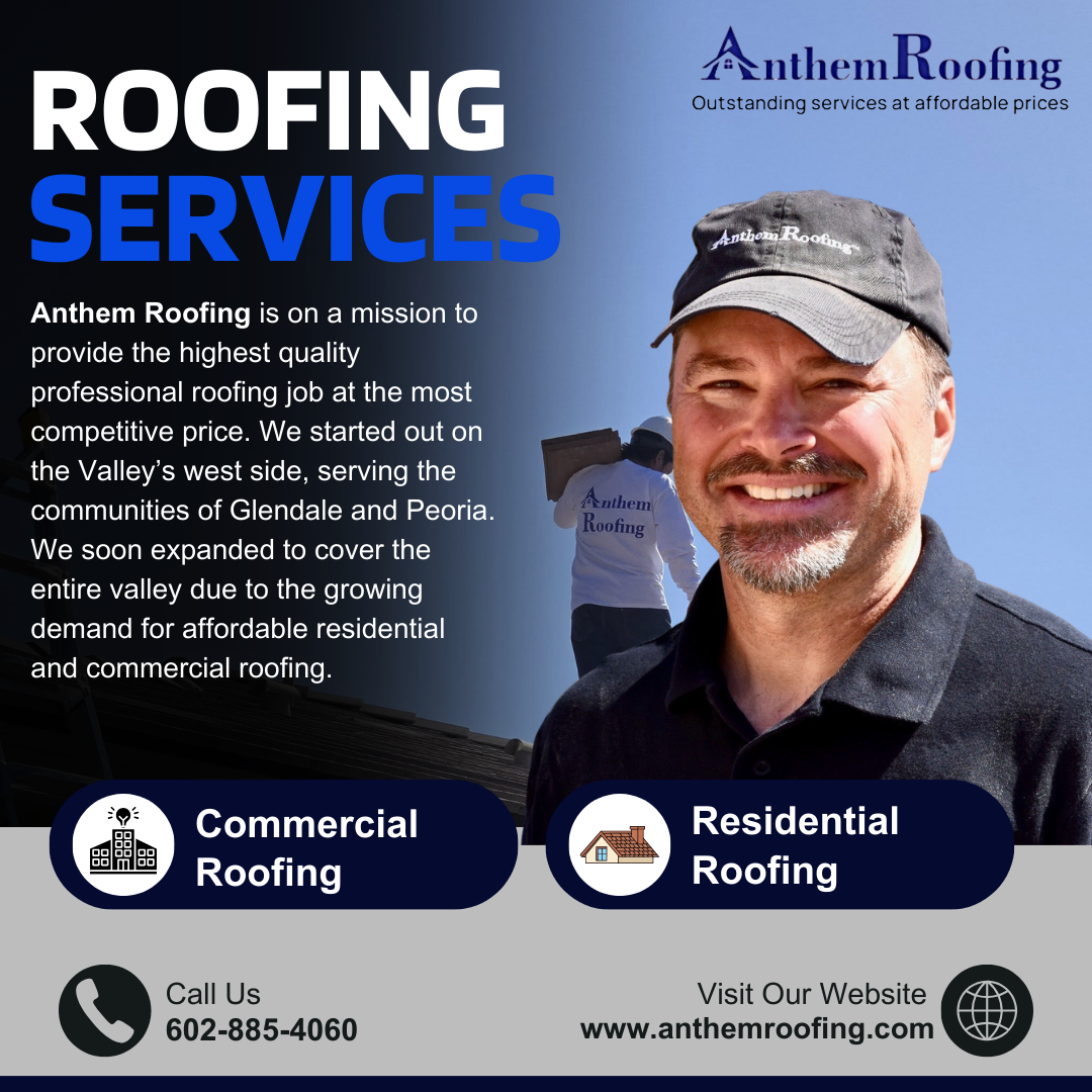 A roofing company advertisement featuring a smiling man wearing a cap with the 'Anthem Roofing' logo, and a woman in the background also wearing a cap. The ad promotes roofing services with options for commercial and residential roofing, along with c