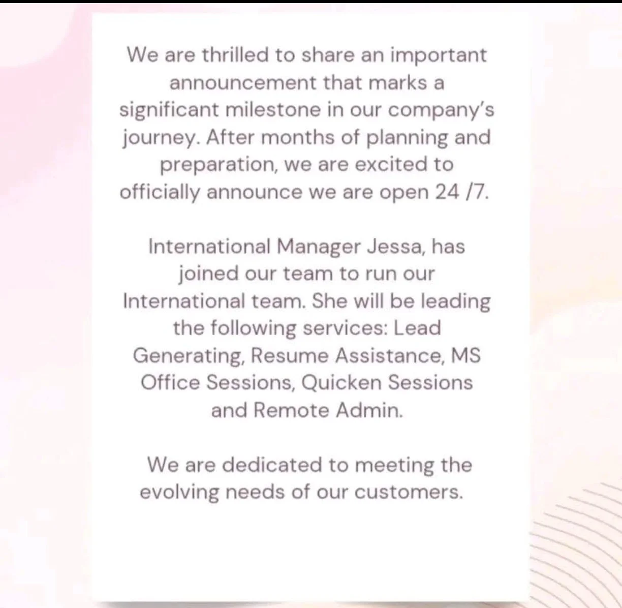 Announcement about a company's milestone and new team member, International Manager Jessa, leading various services, including Lead Generating, Resume Assistance, MS Office Sessions, Quicken Sessions, and Remote Admin.