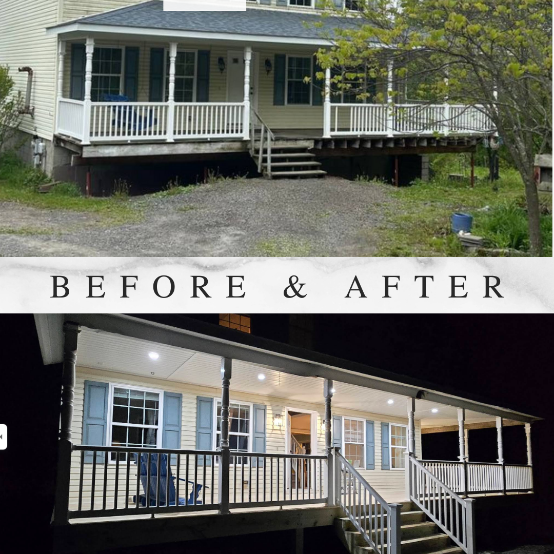Before and after images of a house with a new porch. The before photo shows an older, unpainted porch with a railing and steps, while the after photo shows a renovated, illuminated porch with new siding and blue shutters at night.