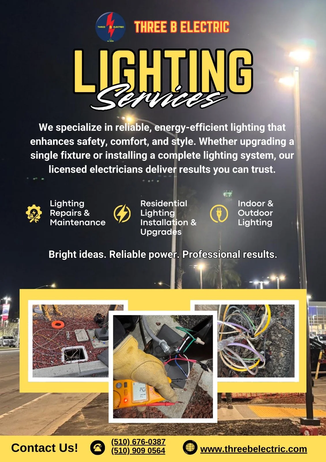 Advertisement for Three B Electric lighting services, showing streetlights and electrical work photos, with contact information at the bottom.