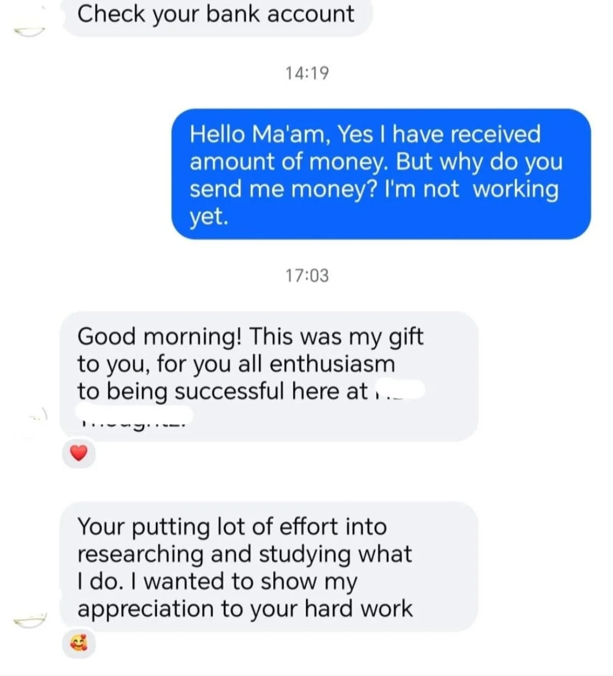 Screenshot of a text message conversation discussing receiving and giving money as a gift, with expressions of appreciation and encouragement.