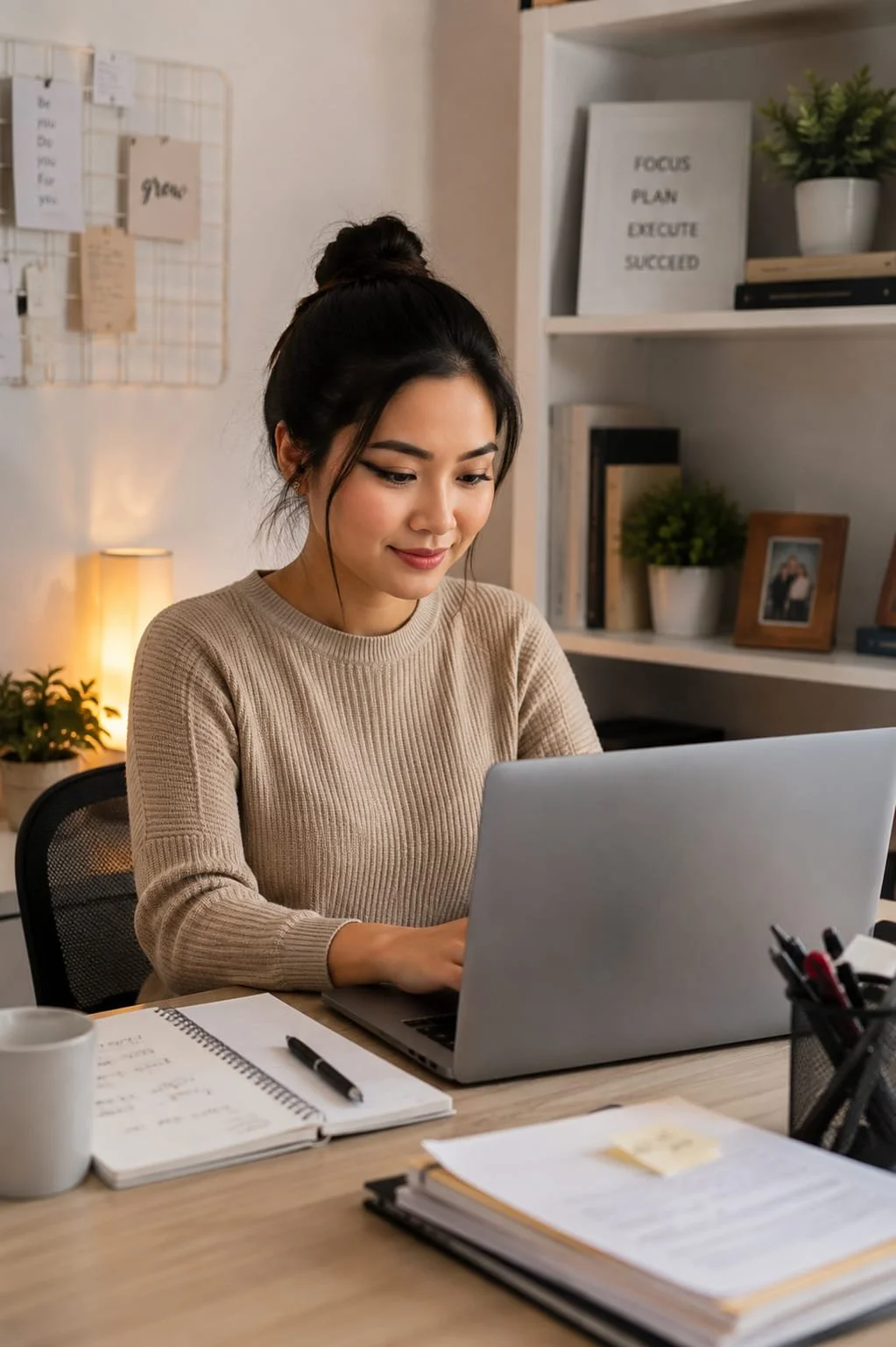 A woman sitting at a desk working on a laptop, with notebooks, a pen, a coffee mug, and office supplies in a cozy, well-organized room.