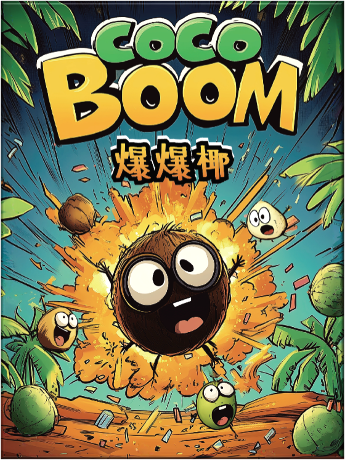 An animated explosion with a coconut character at the center, surrounded by smaller coconut characters, all with expressive faces, in a lush, green tropical setting with coconut trees.