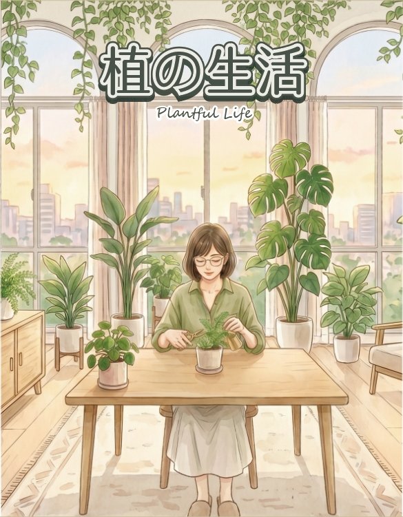 An illustration of a woman with glasses sitting at a wooden table, surrounded by various indoor plants in a bright room with large windows showing a cityscape at sunset. The Japanese text at the top reads "Plantful Life" and "Living with Plants."