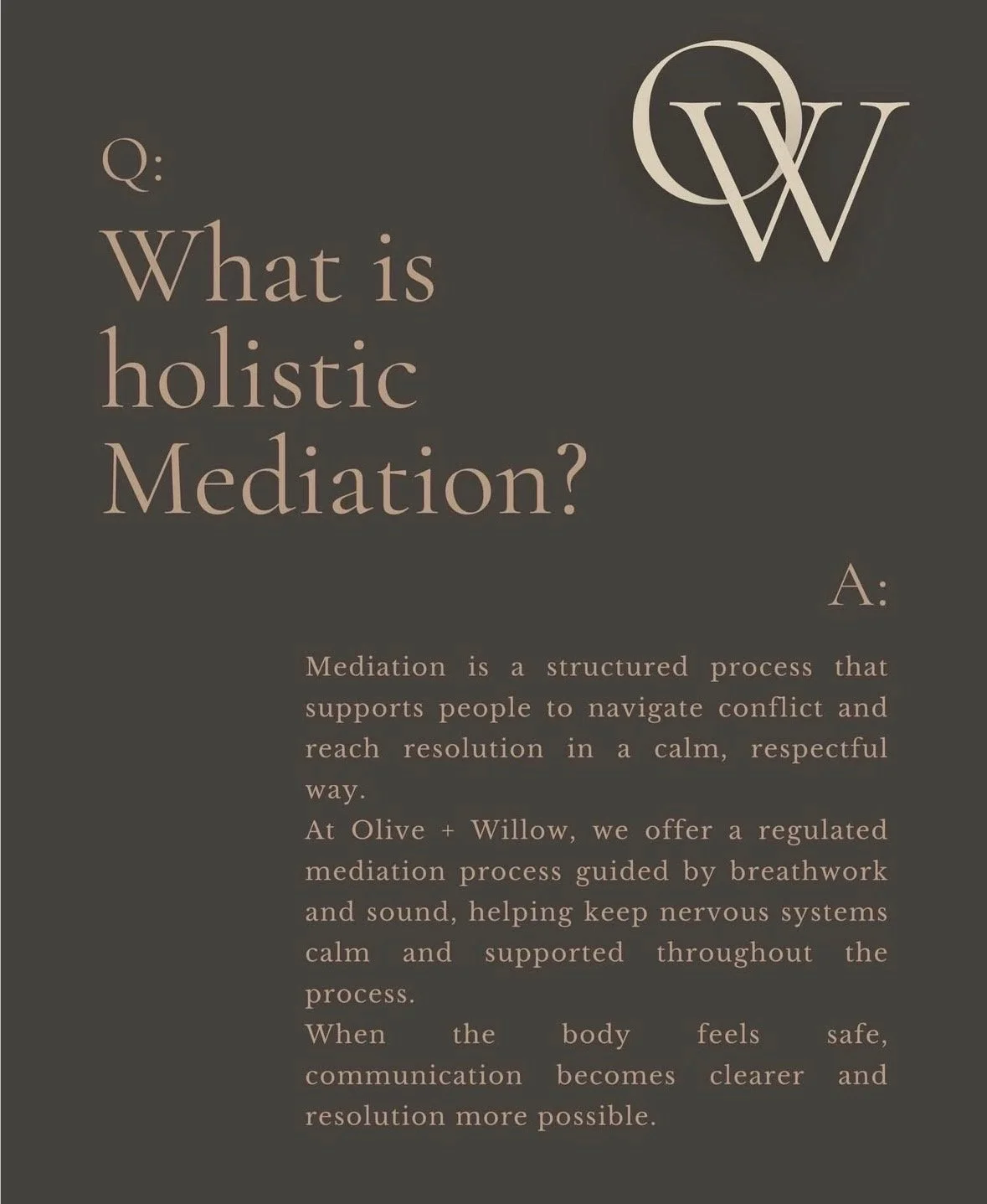 A digital graphic with the question "What is holistic meditation?" and an answer describing meditation as a structured process supporting conflict navigation and resolution through breathwork and sound, offered by Olive + Willow.