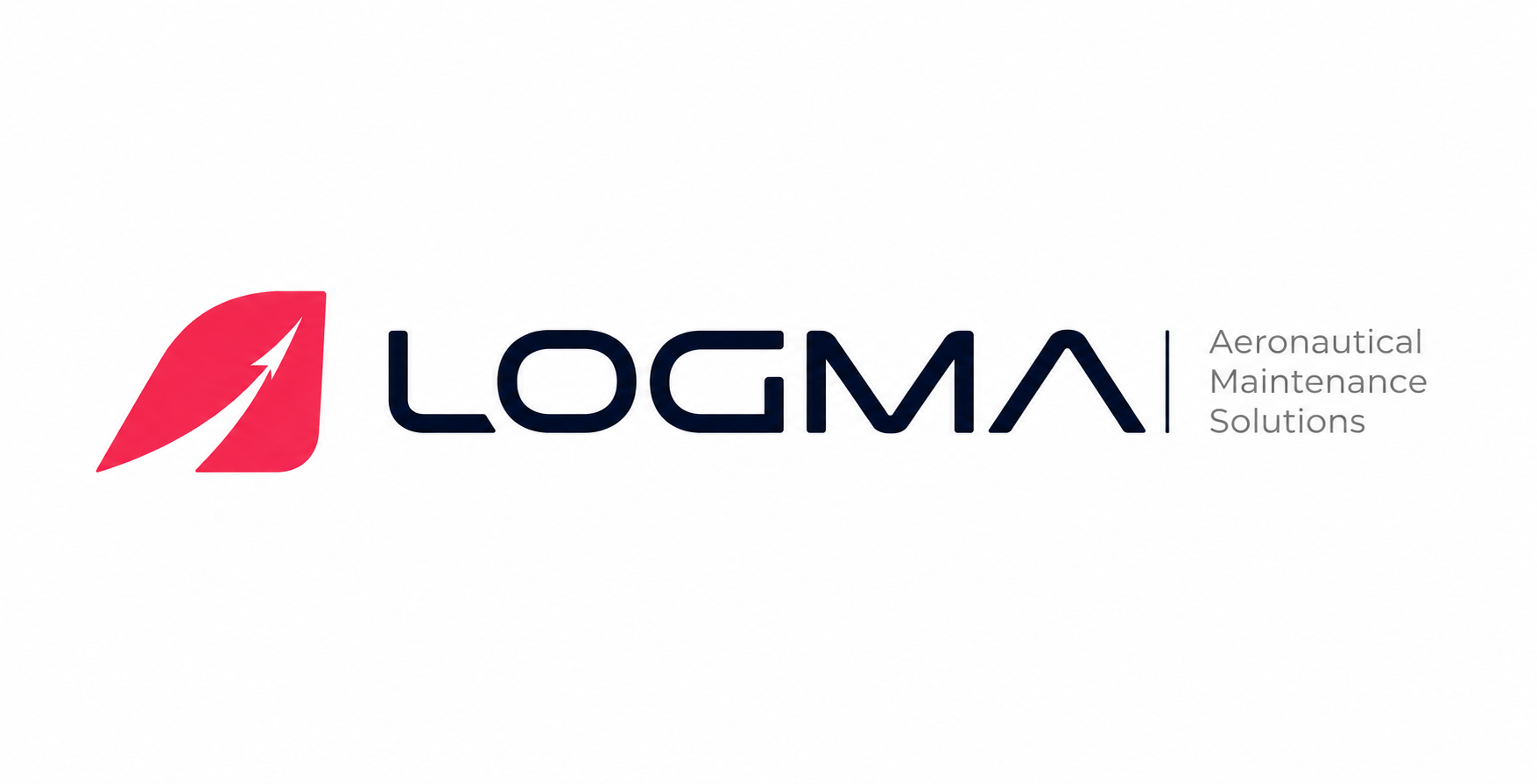 Logotipo de LOGMA, Solutions de mantenimiento aeronáutico, con un símbolo rojo con una flecha blanca y el texto en color azul oscuro.