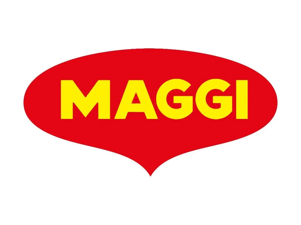 Logo de la marca Maggi con letras amarillas en un fondo de forma ovalada roja.