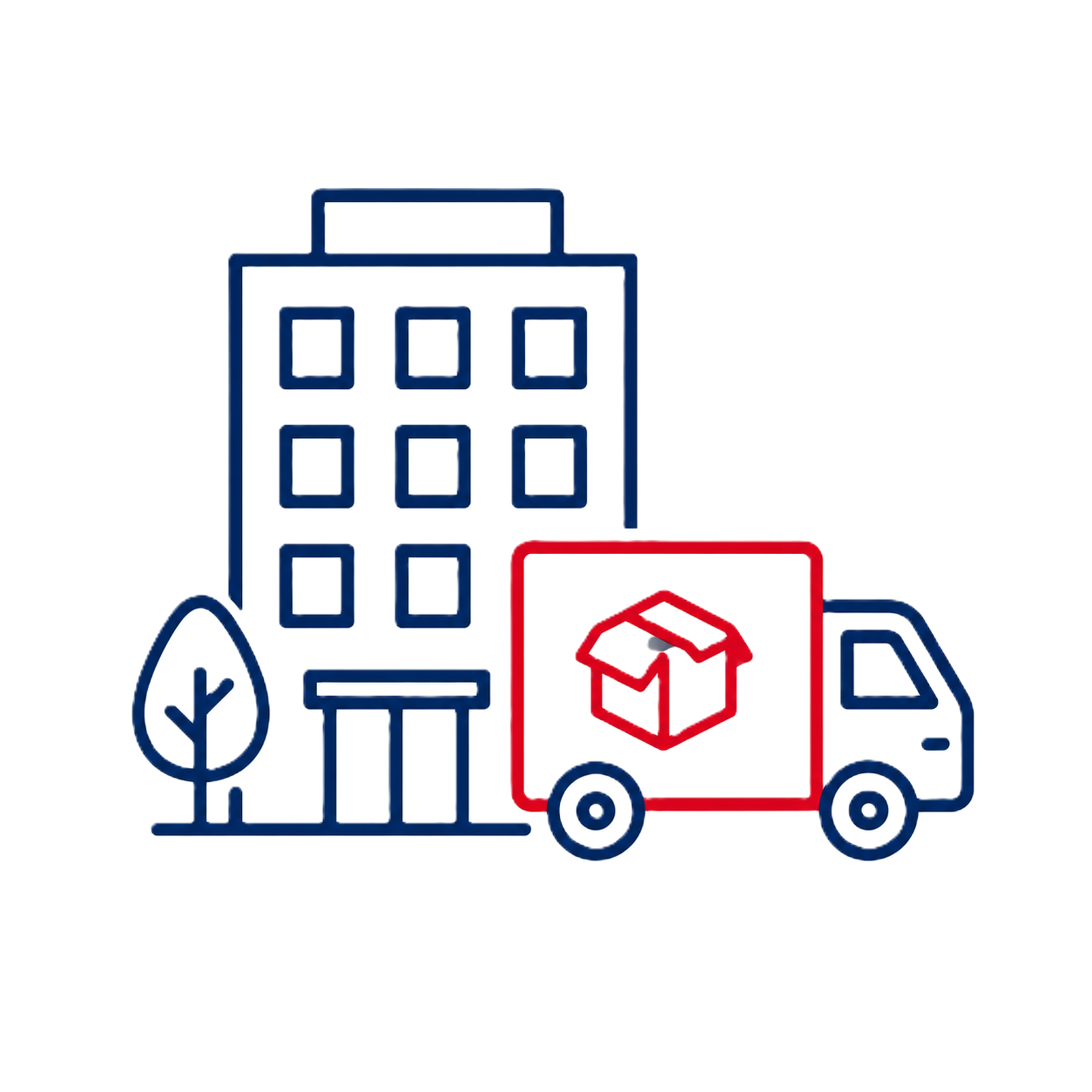 Outline of a delivery truck with a house and tree nearby, representing home delivery service.