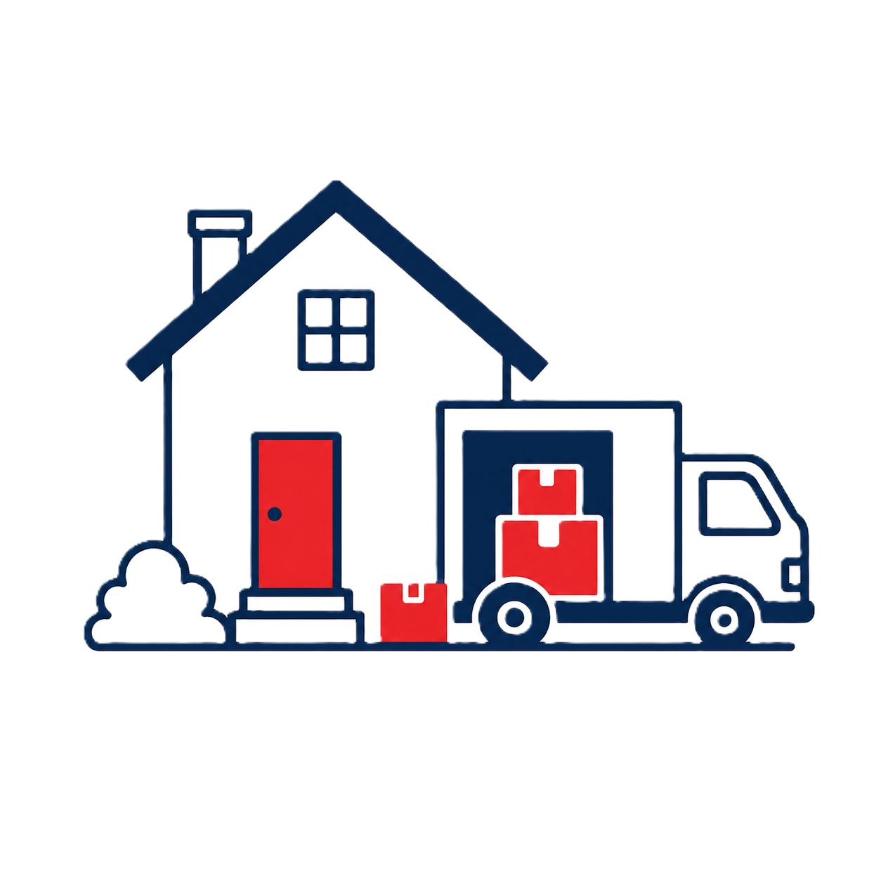 Illustration of a moving truck parked in front of a house with a red door, with boxes being moved into the house.