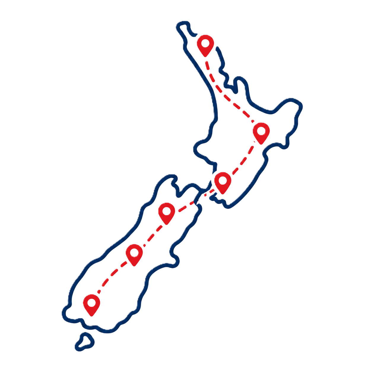 Map of New Zealand with a marked route passing through multiple locations, indicated by red markers along the path.