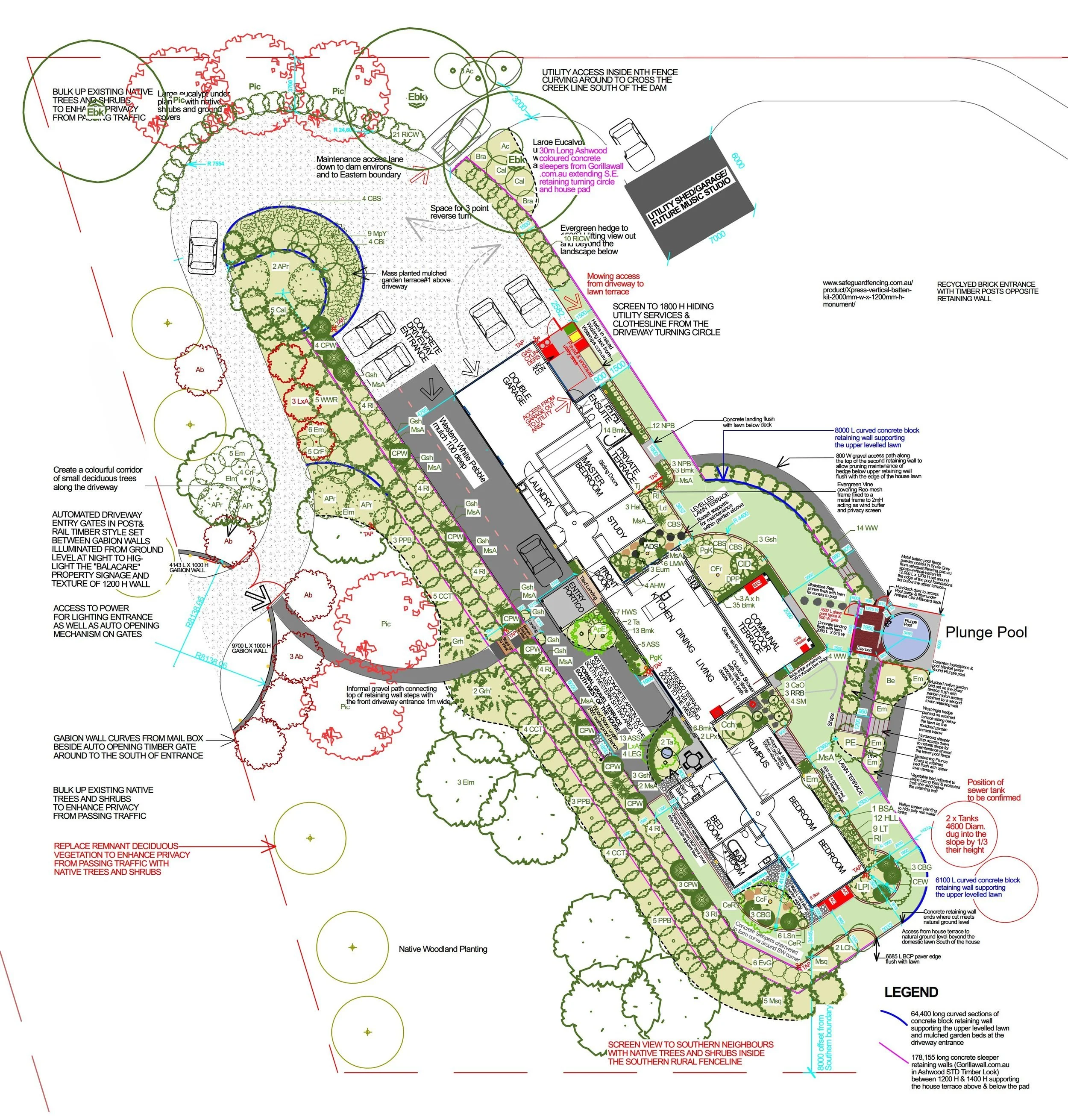 A detailed landscape architectural plan including trees, shrubs, driveways, pathways, and a plunge pool, with annotations on planting, fencing, retaining walls, and utility access for a residential property.
