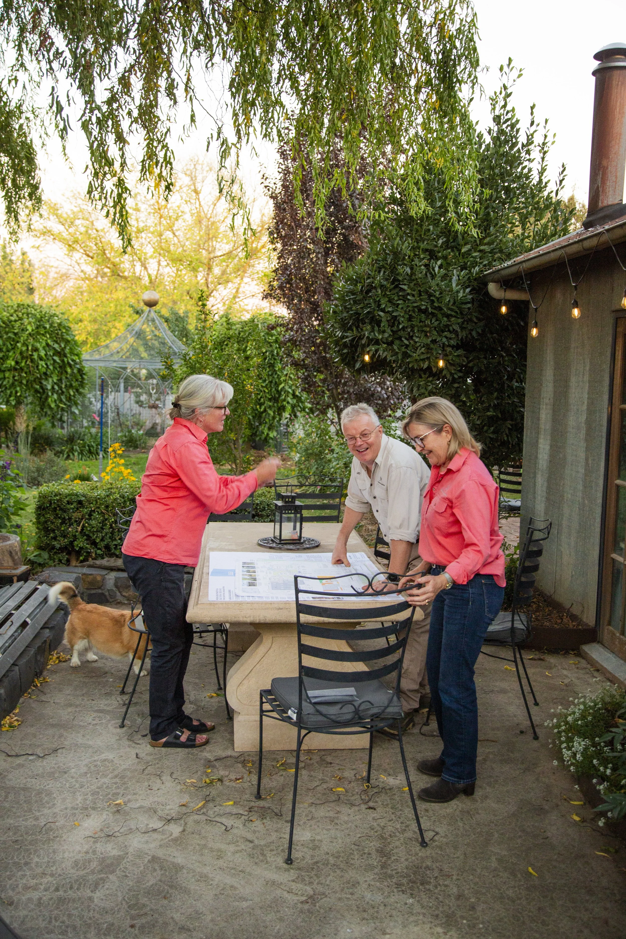 Three people are gathered outdoors around a table with newspapers or plans, engaged in conversation and smiling. One woman is standing, wearing a pink shirt and black pants. The man and woman on the right are seated, both wearing pink shirts. The scene is set in a garden or backyard with trees, bushes, a gazebo, and string lights hanging from the house.