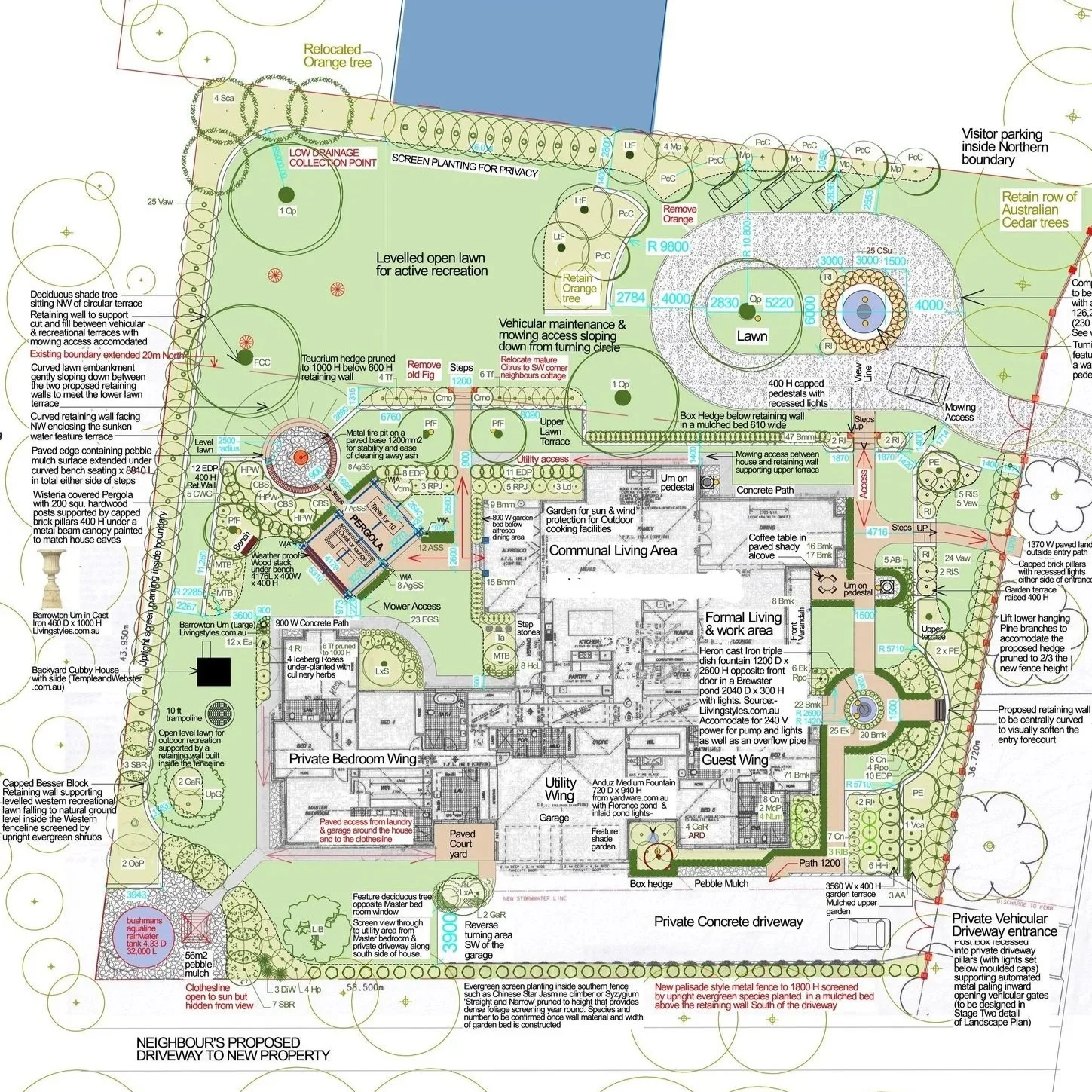 A detailed landscape design plan with labeled areas for lawns, trees, pathways, a driveway, a courtyard, and various garden features and structures.
