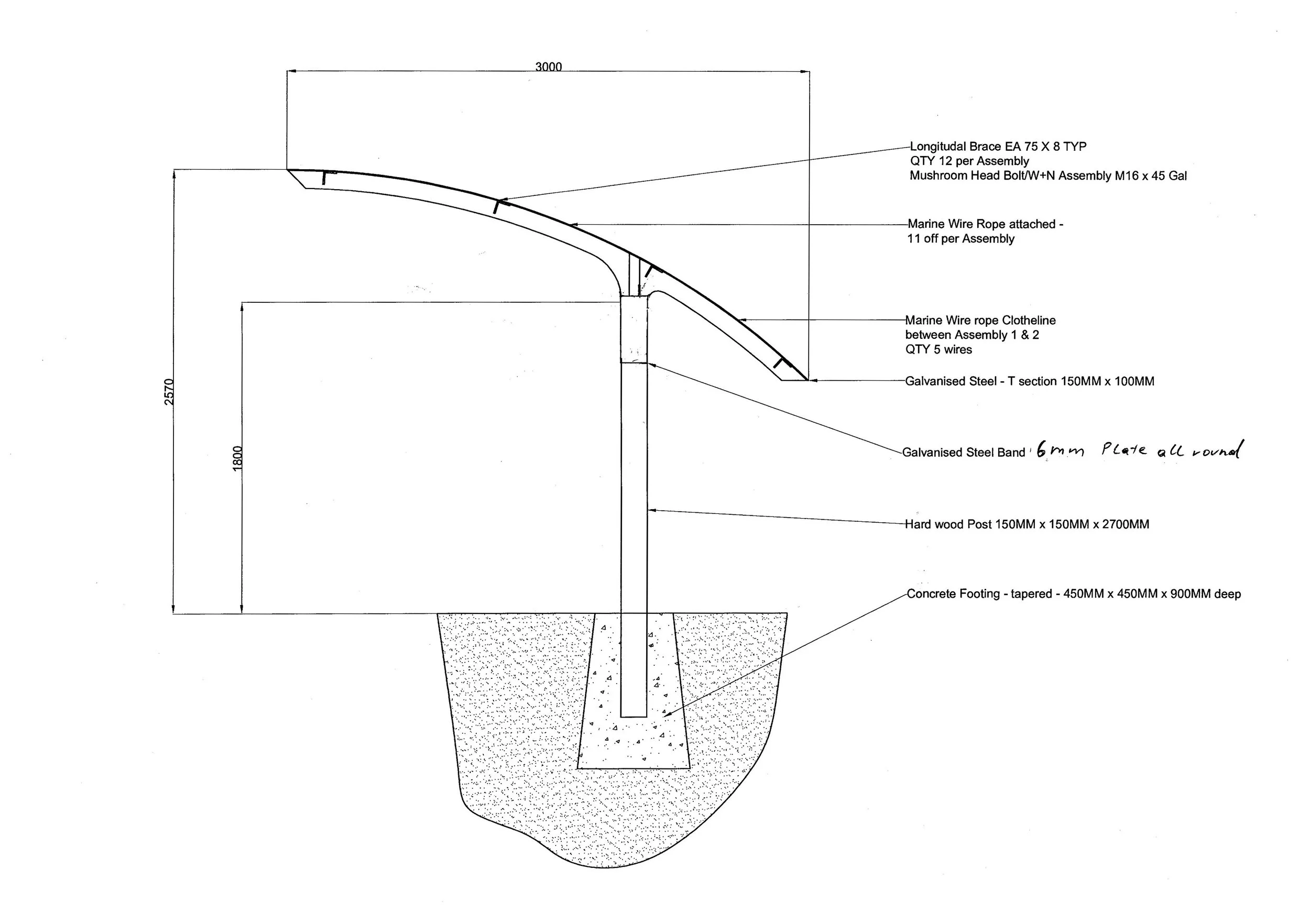A technical engineering drawing of a foundation or support structure, including measurements and specifications for steel bands, concrete, and other components.