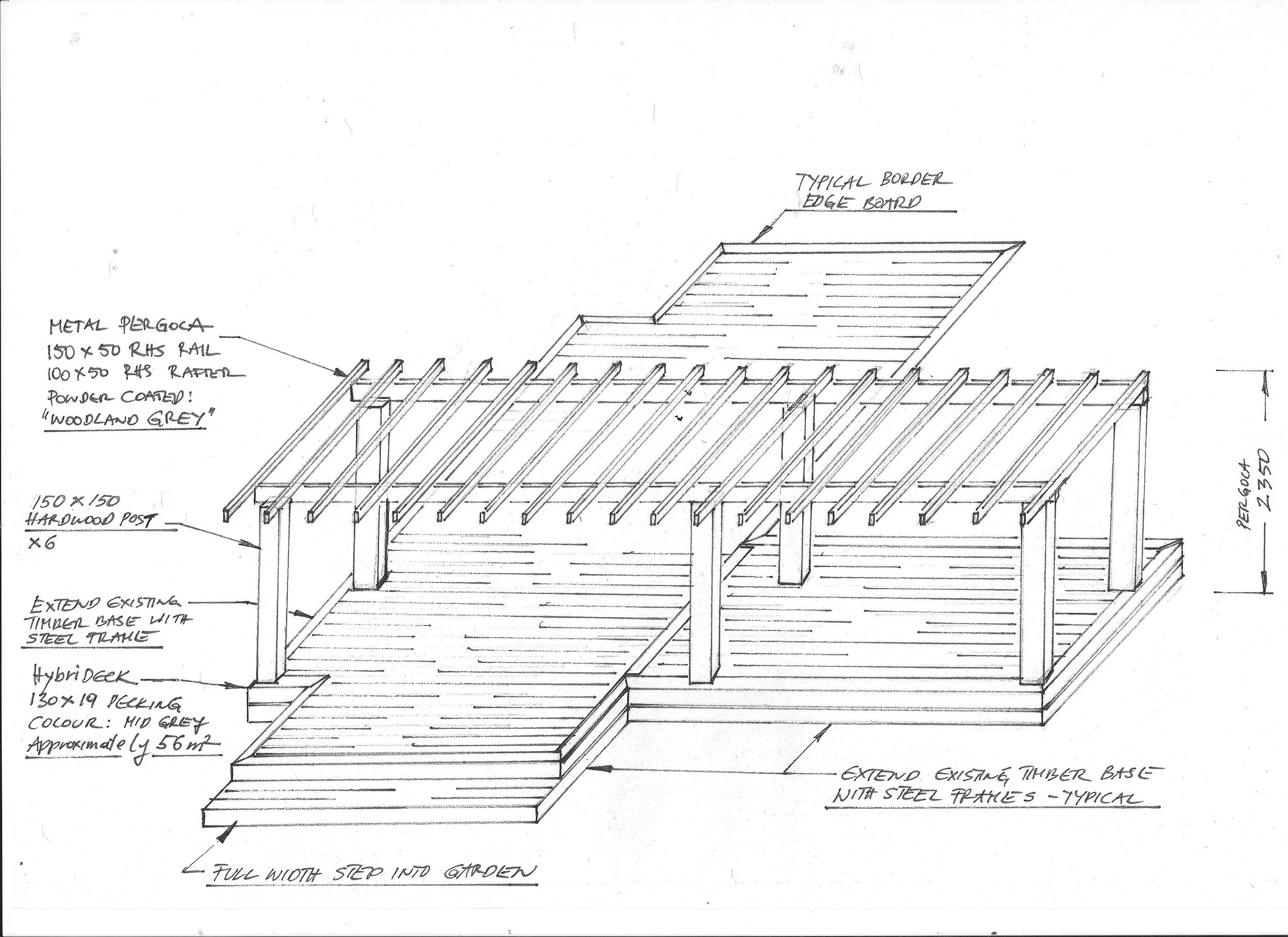 Architectural drawing of a timber structure with notes indicating materials and measurements, including metal pergola, timber posts, and a stepped garden with steel frames.