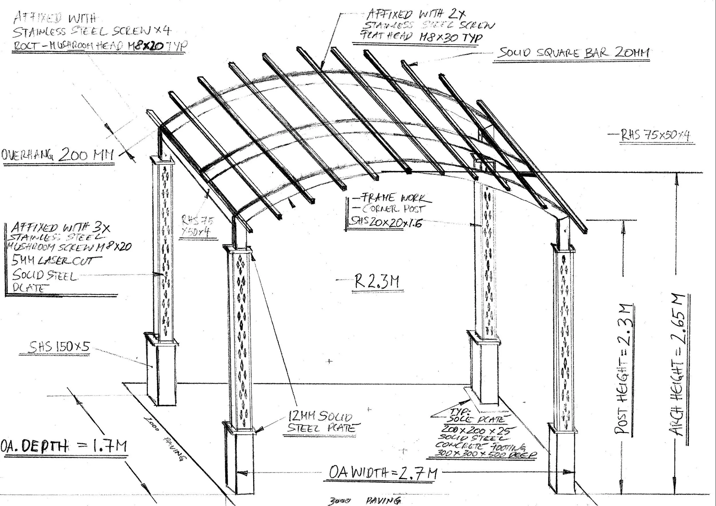 Technical architectural drawing of a curved steel structure with detailed annotations including measurements, materials, and specifications.
