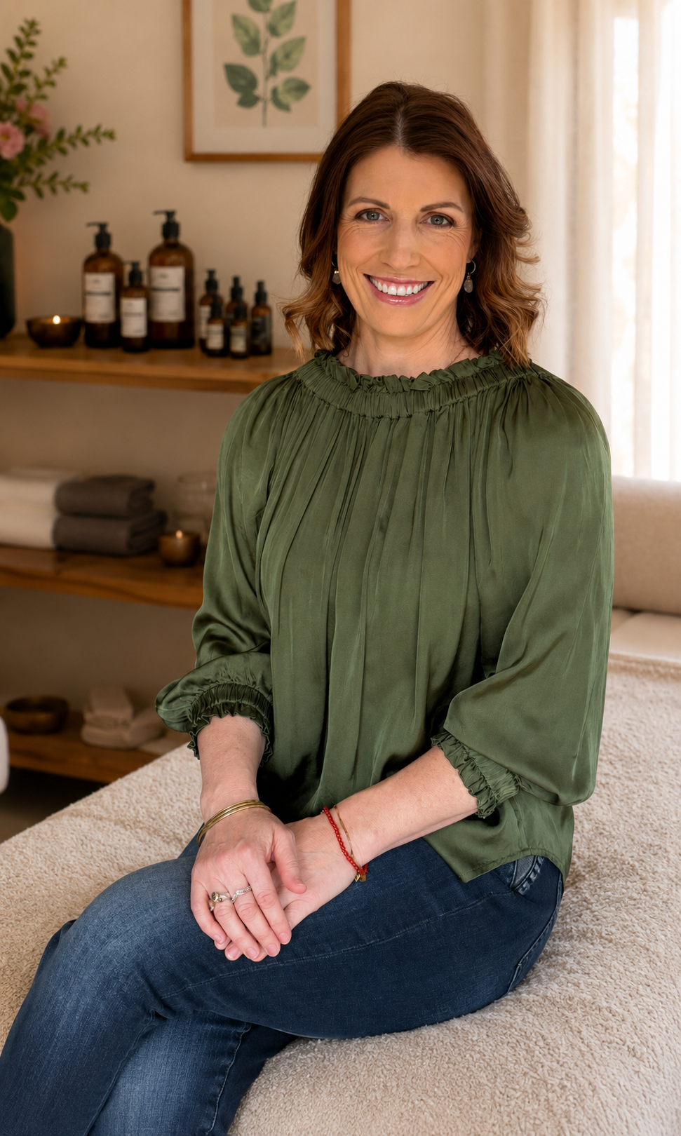 Ruth Blair from In-Tune Reflexology sitting on the treatment bed her clients lie and relax on when receiving their treatment.