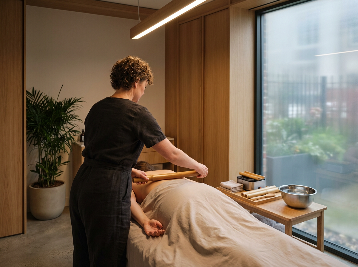 Massage therapist in black uniform giving a massage to a client lying face down on a massage table in a spa room with wooden walls and floor-to-ceiling window.