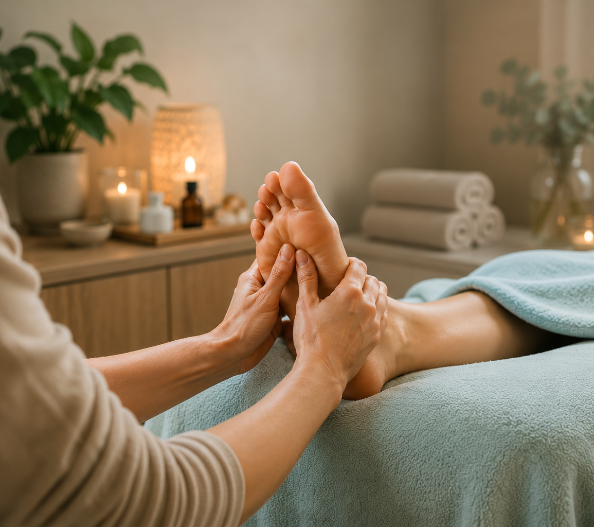 Ruth Blair from In-Tune Reflexology providing a foot massage to a client in her spa room with candles, plants, and rolled towels in the background.