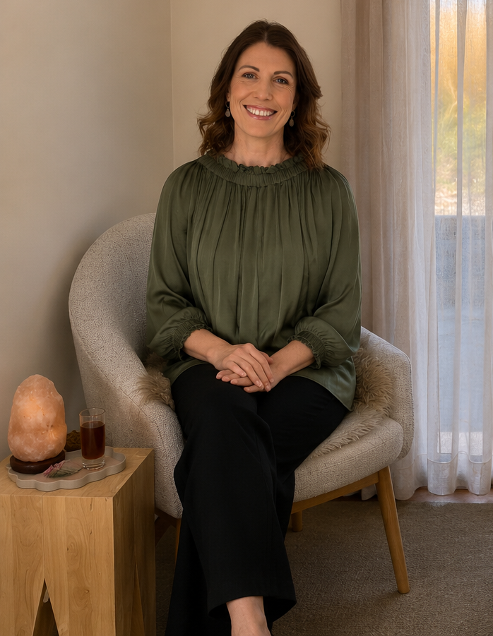 Ruth Blair from In-Tune Reflexology sitting on a beige armchair in front of a window with sheer curtains, wearing a green blouse and black pants, with a salt lamp and a glass of tea on a small wooden table beside her.