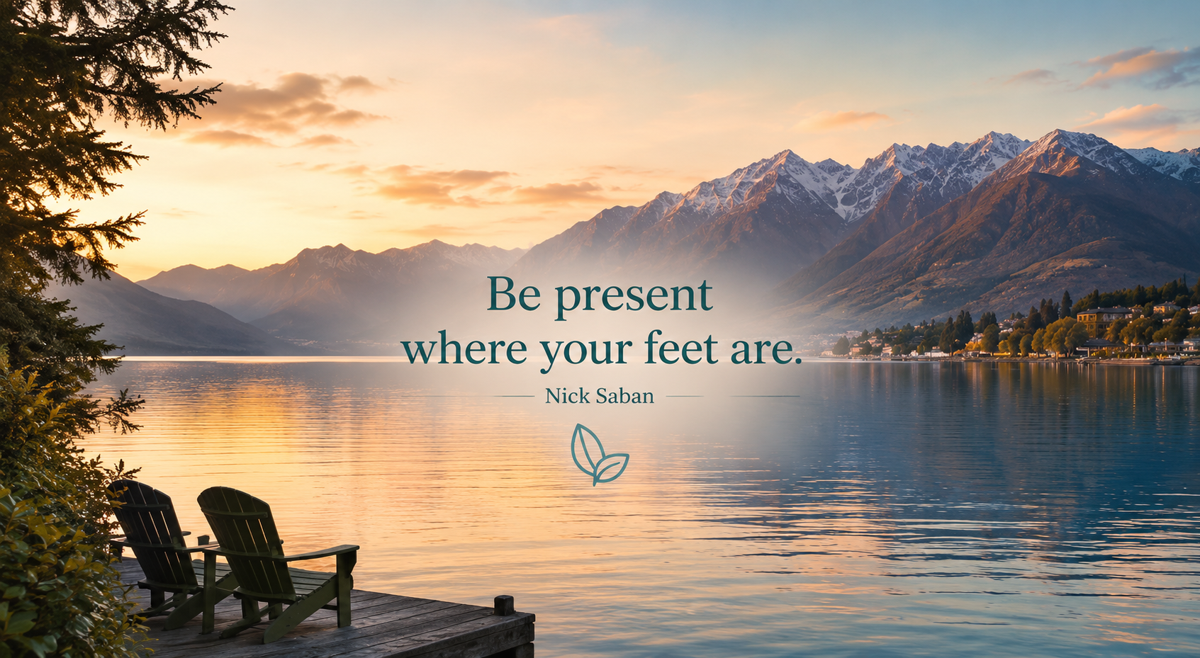 Sunset over a lake with mountains in the background, a dock with two chairs in the foreground, and an inspiring quote about being present.