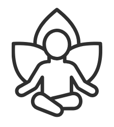 Outline of a person sitting cross-legged with a lotus pose, surrounded by a stylized flower or petal design.