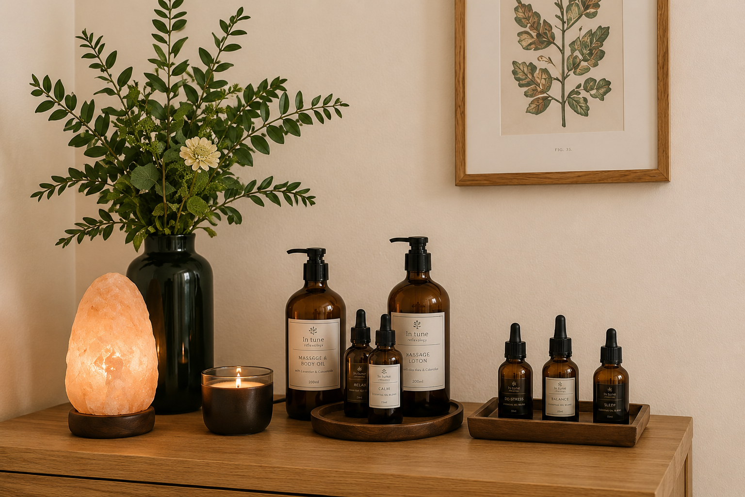 A wooden table with a black vase containing greenery and white flowers, salt lamp, candle, and various amber bottles with black labels and droppers for aromatherapy or skincare, and framed botanical art on the wall.