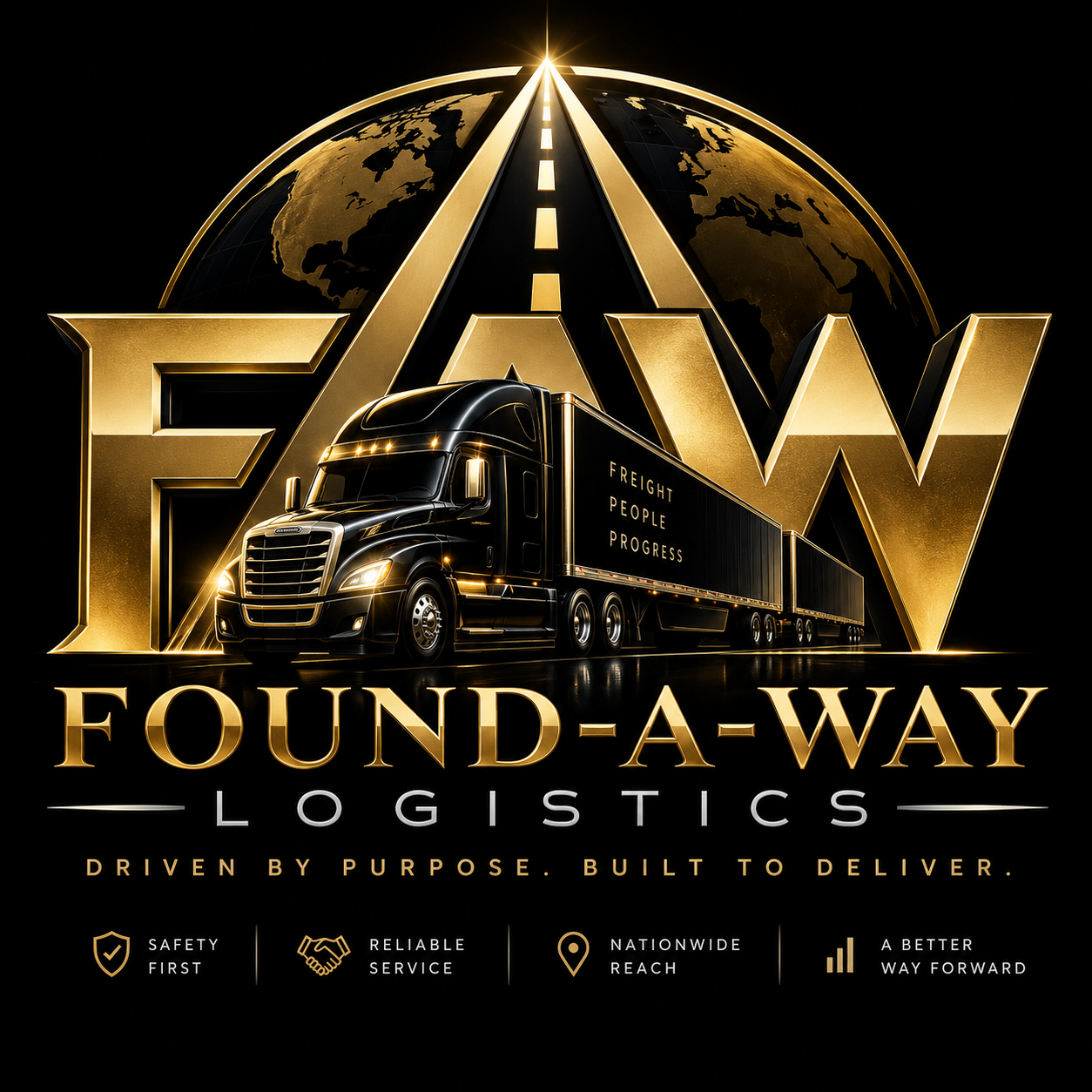 Black semi-truck with gold accents in front of a large, stylized golden globe, with the text 'Faw Found-A-Way Logistics' and promotional message about reliability and safety.