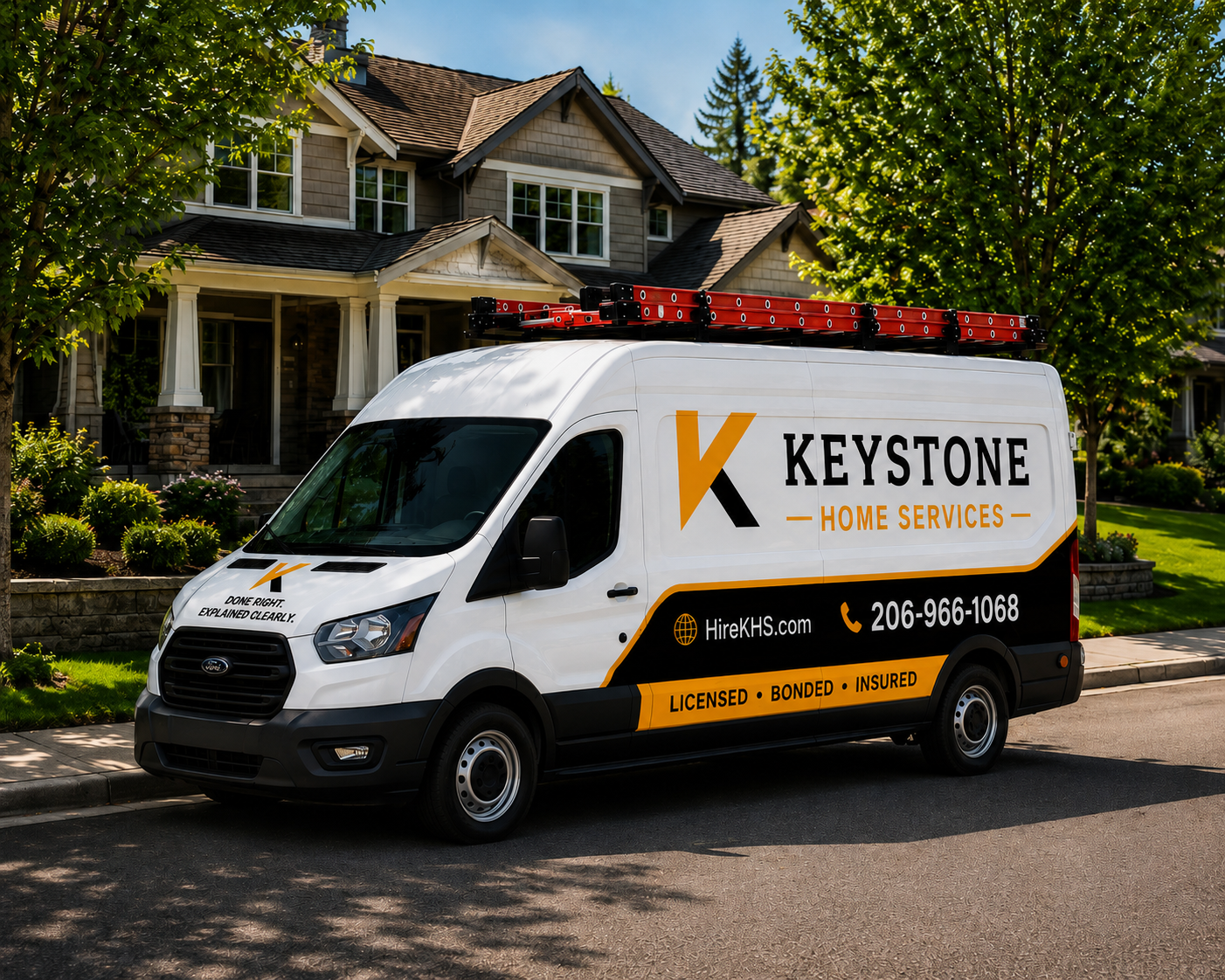 A white Keystone Home Services van parked on a suburban street in front of a house with a manicured lawn and trees.