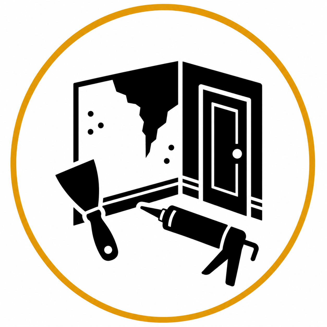A black and white logo with a circle border, depicting a house with peeling paint, a paintbrush, a paint roller, and a door, illustrating painting or home repair services.