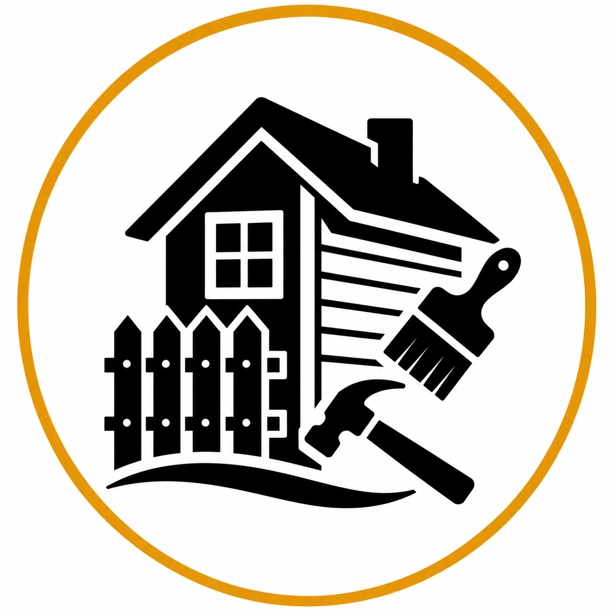 A logo with a black house, a picket fence, and painting tools like a brush and hammer inside an orange circle.