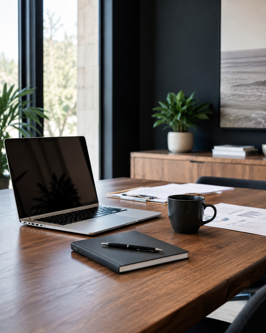 Business planning workspace with laptop, documents and notebook.