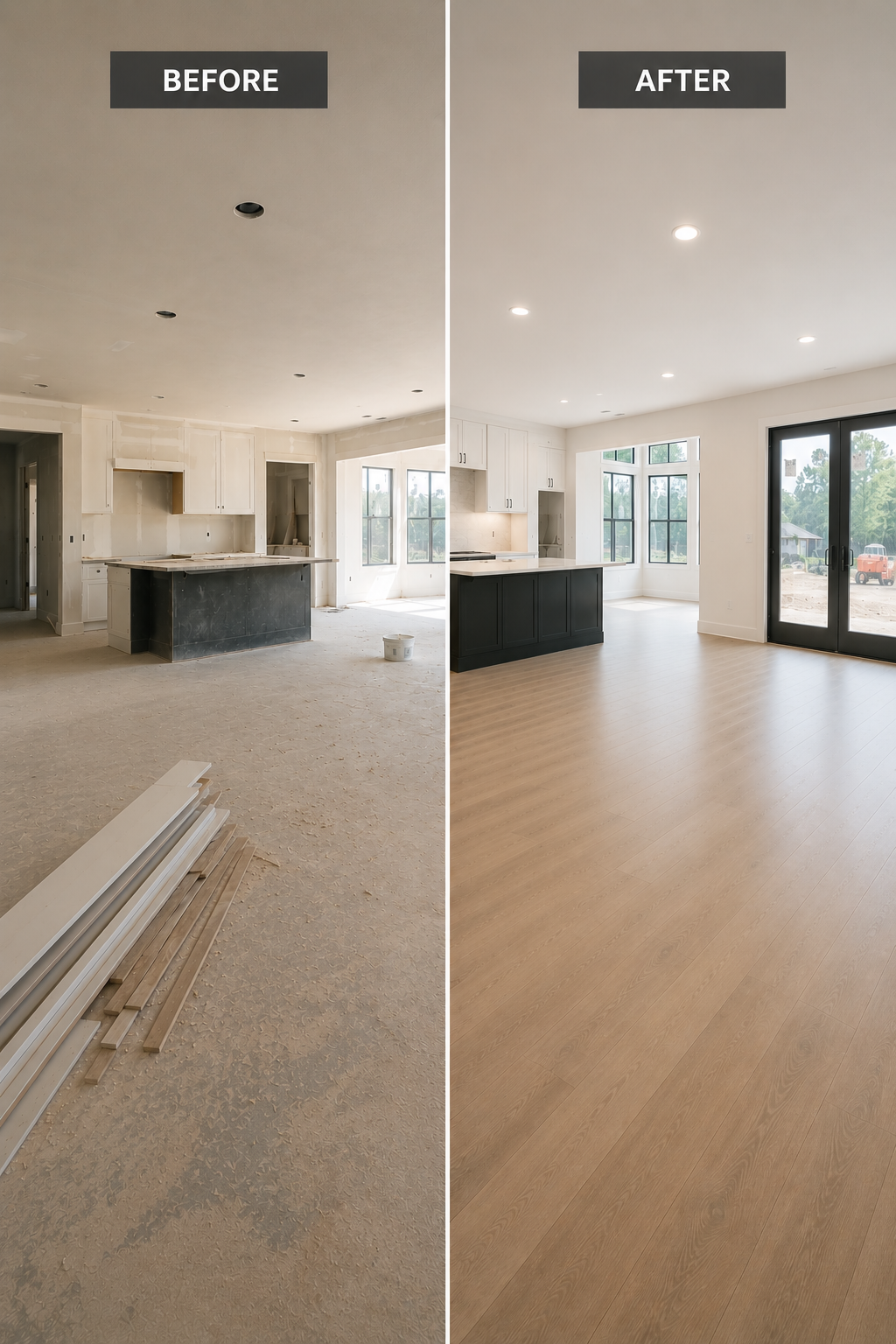 Before-and-after view of post-construction cleaning in a newly built Boerne Texas.