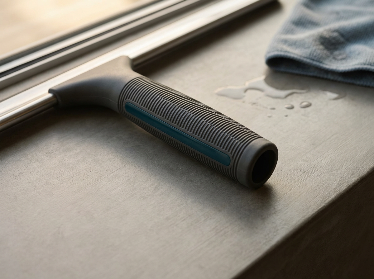 A window squeegee with a black and blue handle resting on a windowsill next to a cloth and some water droplets.