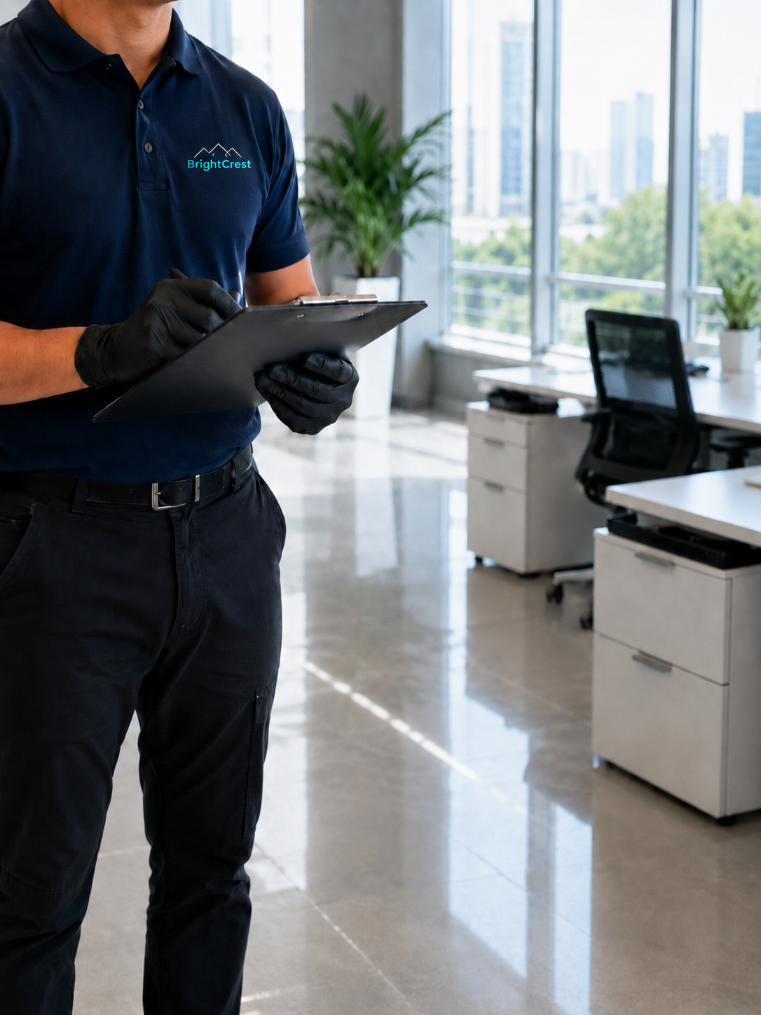 BrightCrest cleaning professional completing an office inspection in San Antonio.