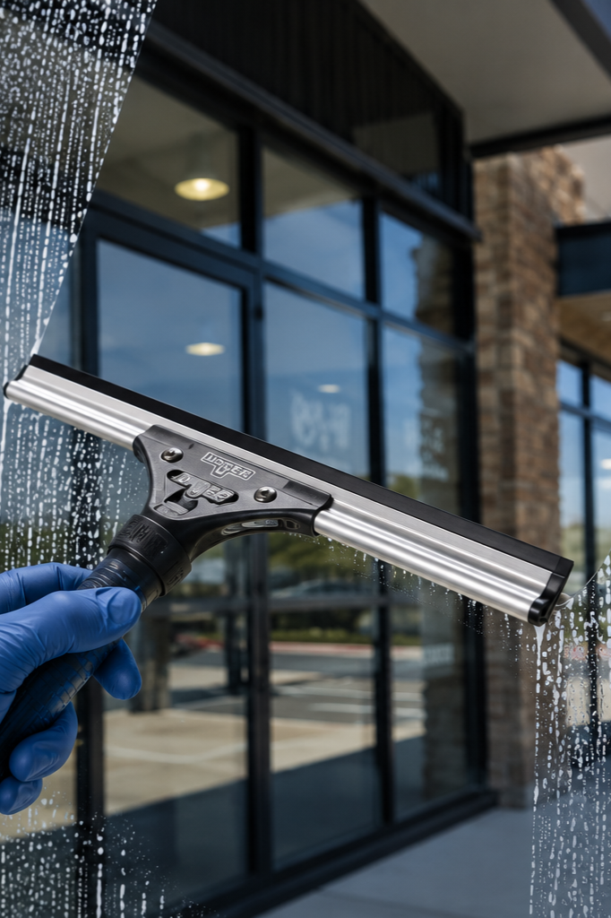 Professional cleaner using a squeegee on commercial windows in Boerne, Texas.