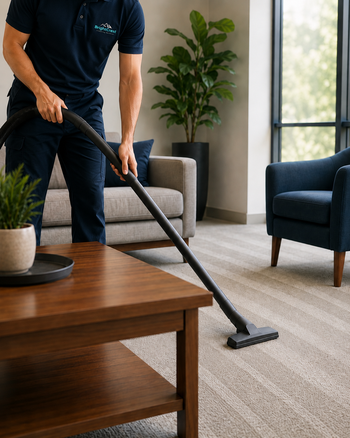 Cleaning professional vacuuming carpet in a Leon Valley residential property.