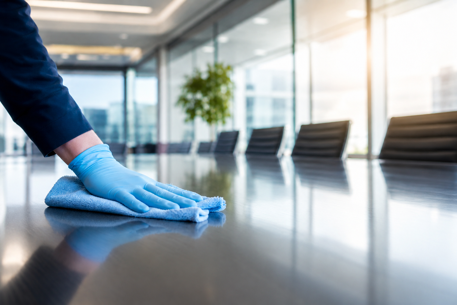 Cleaning professional wiping a conference room table in a San Antonio office.