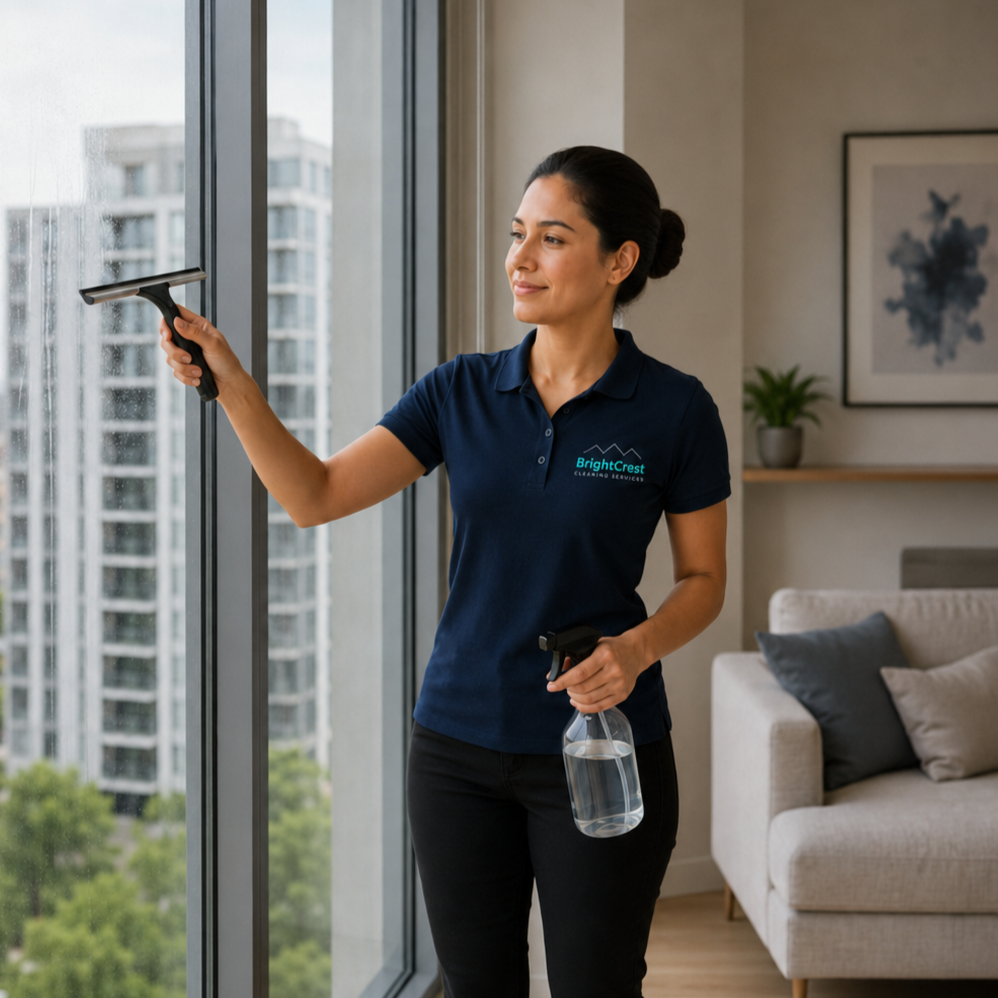 BrightCrest professional providing interior window cleaning in Boerne, Texas.
