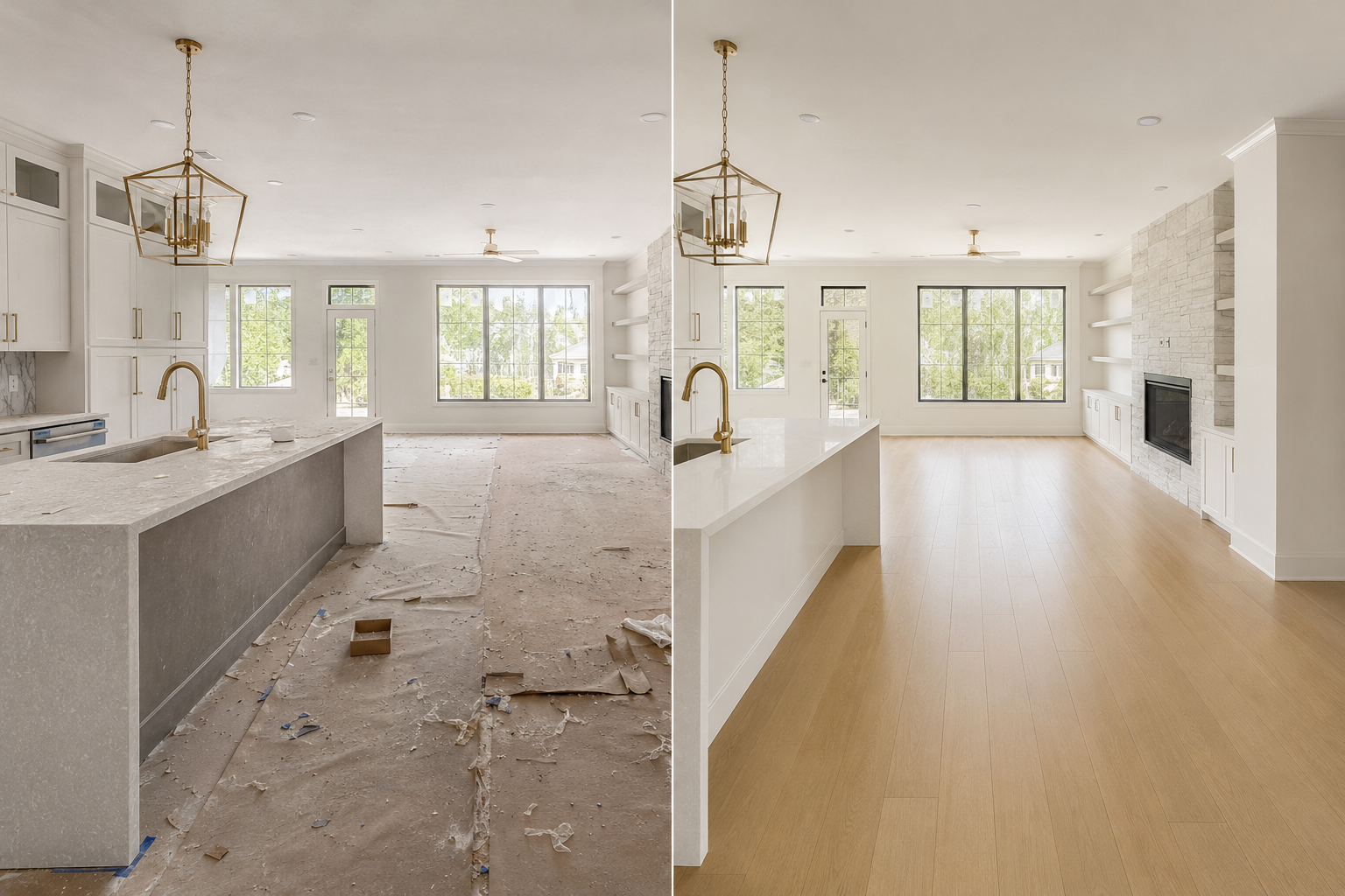 Before-and-after view of post-construction cleaning in a newly finished Helotes home.
