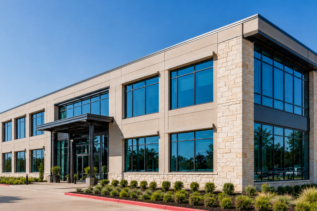 Modern office building with large glass windows, beige stone and cement exterior, surrounded by landscaping and a paved parking lot.