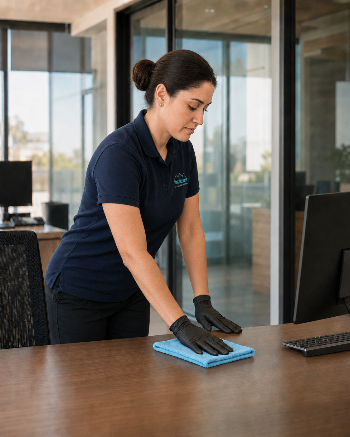 BrightCrest cleaning professional wiping an office desk in San Antonio, Texas.
