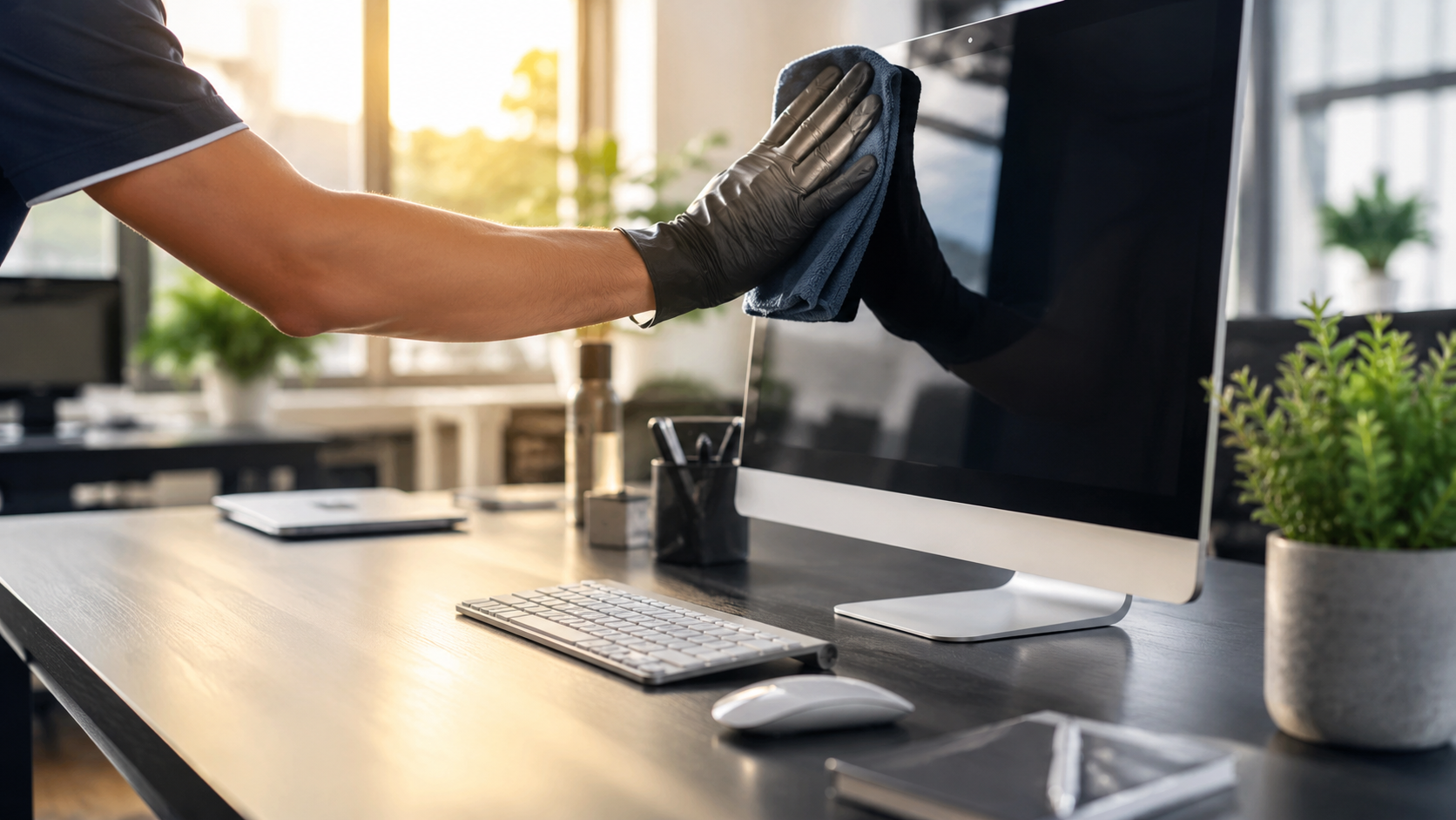 Professional cleaner wiping a desk in a modern office.