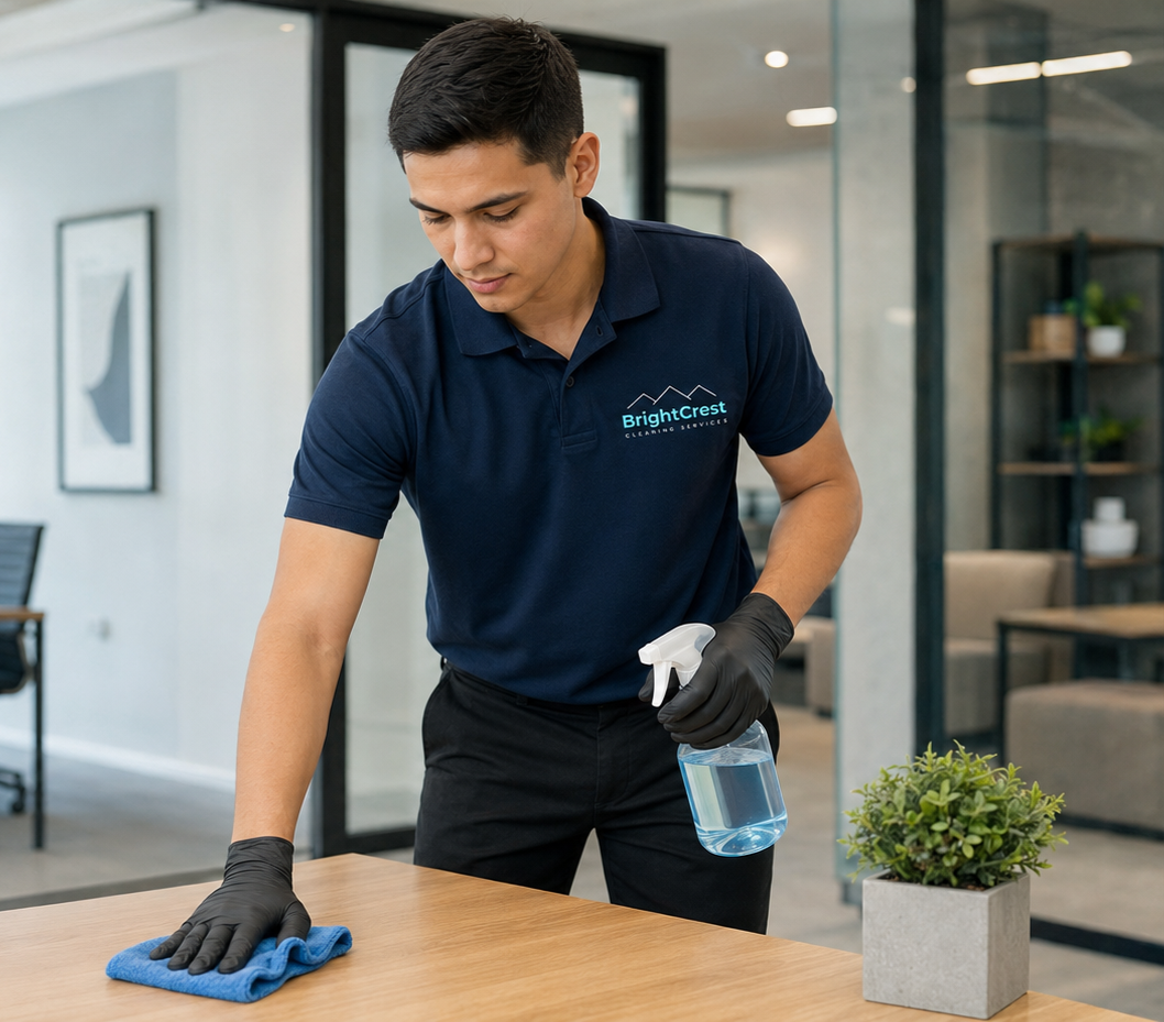 A man in a navy polo shirt and black gloves is cleaning a wooden table with a blue cloth, holding a spray bottle filled with cleaning solution, in a modern office space.
