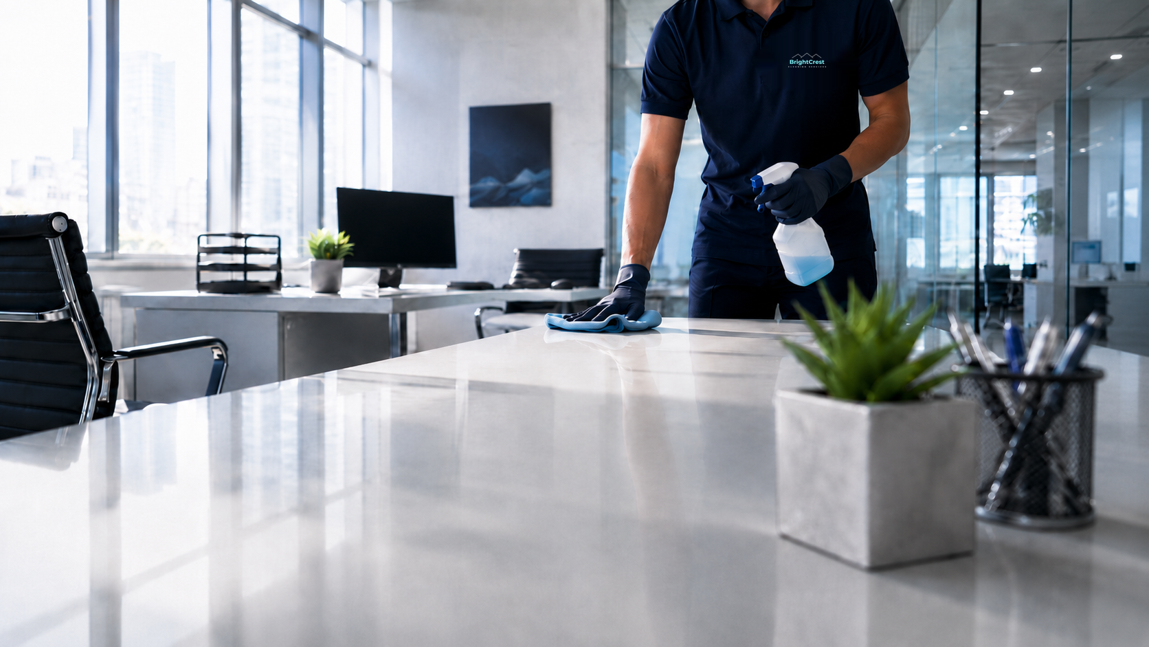 BrightCrest cleaning professional providing commercial office cleaning in San Antonio, Texas.