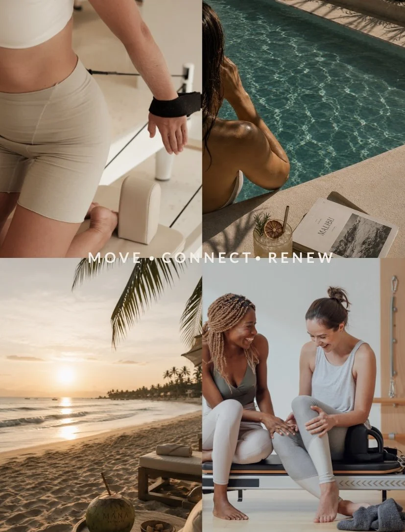 Collage of four photos showing active wellness, leisure, and relaxation scenes. Top left: a person exercising with resistance bands. Top right: a woman relaxing by a swimming pool with a drink and magazine. Bottom left: a sunset on a beach with palm trees and a coconut on the sand. Bottom right: two women, one in sportswear, smiling and chatting during a physical therapy session.